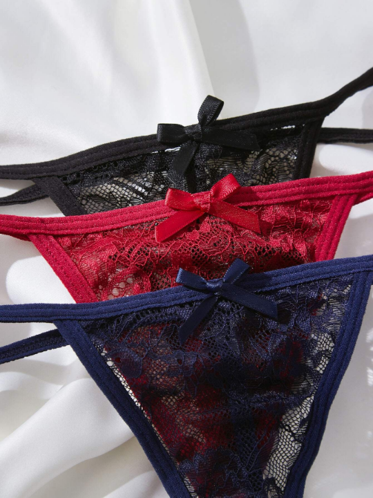 Classic Sexy 3pack Floral Lace Bow Front Thong