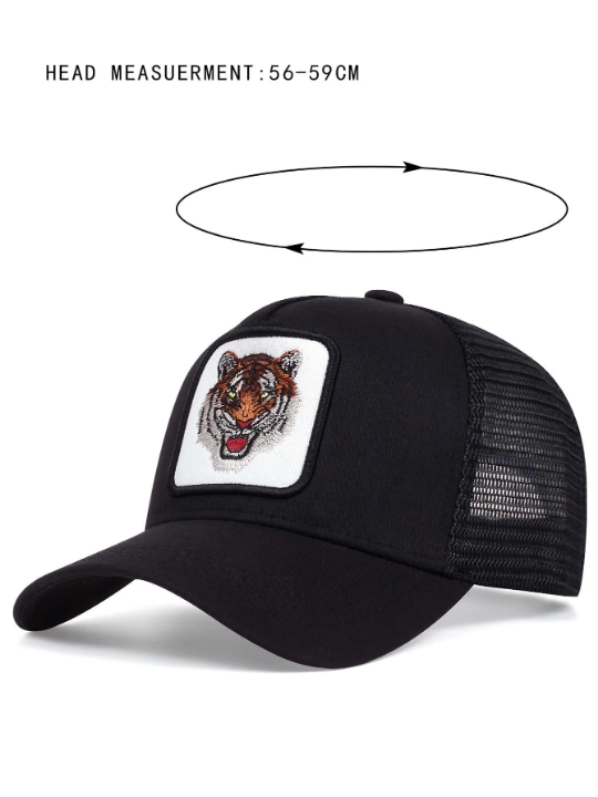 1pc Unisex Mesh Detail Tiger Embroidered Adjustable Fashionable Trucker Hat For Daily Life