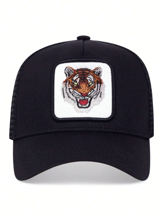 1pc Unisex Mesh Detail Tiger Embroidered Adjustable Fashionable Trucker Hat For Daily Life