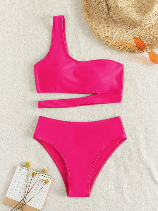 Swim Vcay Solid Bikini Set Cut-out One Shoulder Top & Bikini Bottom 2 Piece Bathing Suit