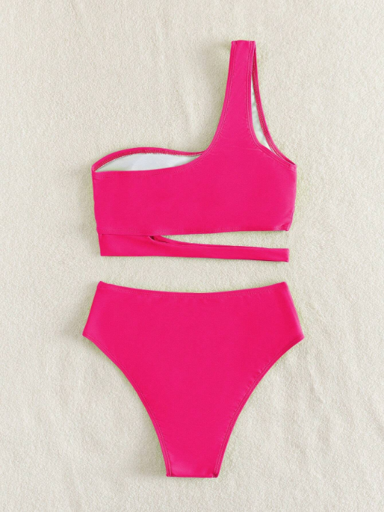 Swim Vcay Solid Bikini Set Cut-out One Shoulder Top & Bikini Bottom 2 Piece Bathing Suit