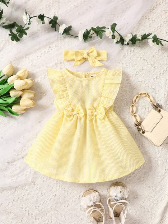 Baby Girl Striped Ruffle Trim Bow Front Dress