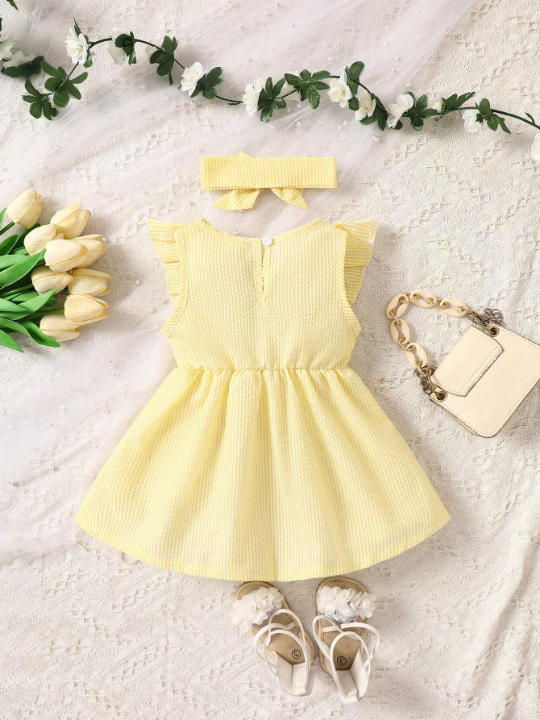 Baby Girl Striped Ruffle Trim Bow Front Dress