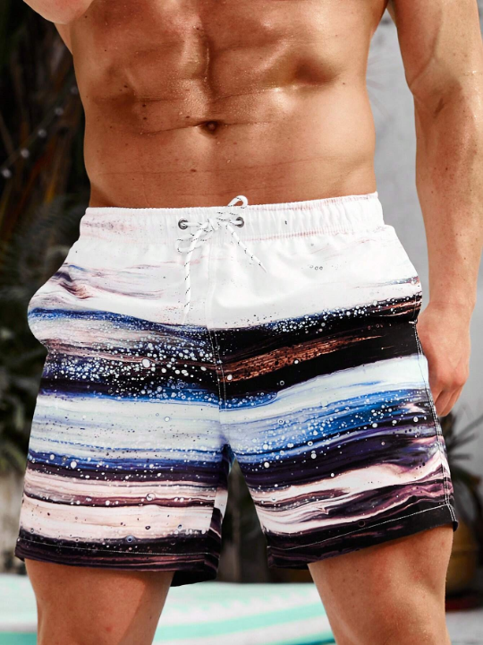 Manfinity Swimmode Men Graphic Print Drawstring Waist Swim Trunks