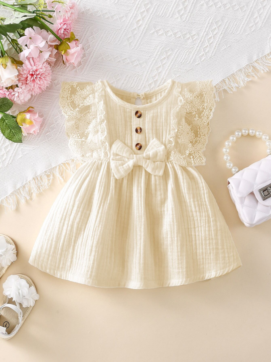 Baby Contrast Lace Bow Front Ruffle Trim Button Detail Dress