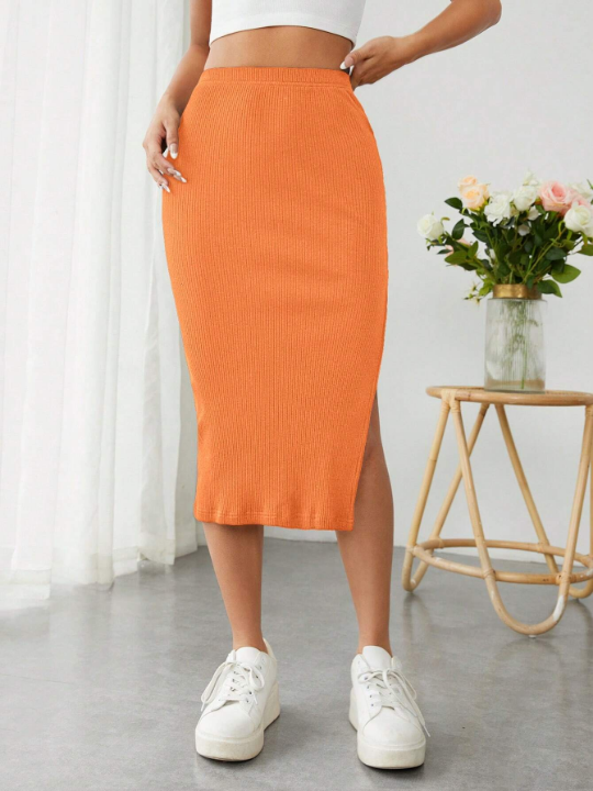 PETITE Solid Split Thigh Skirt