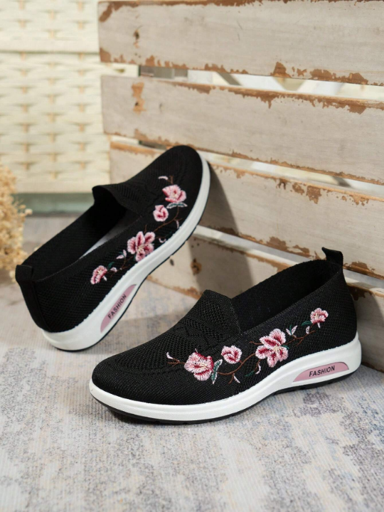 Sporty Sneakers For Women, Floral Embroidered Slip On Rocking Shoes