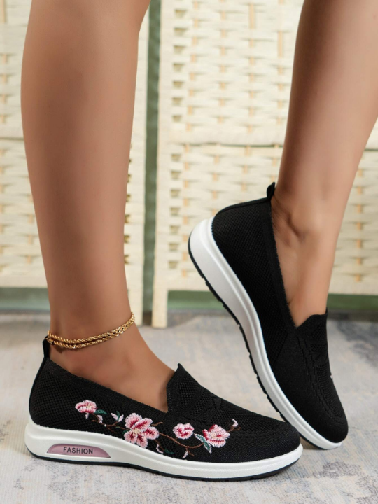 Sporty Sneakers For Women, Floral Embroidered Slip On Rocking Shoes