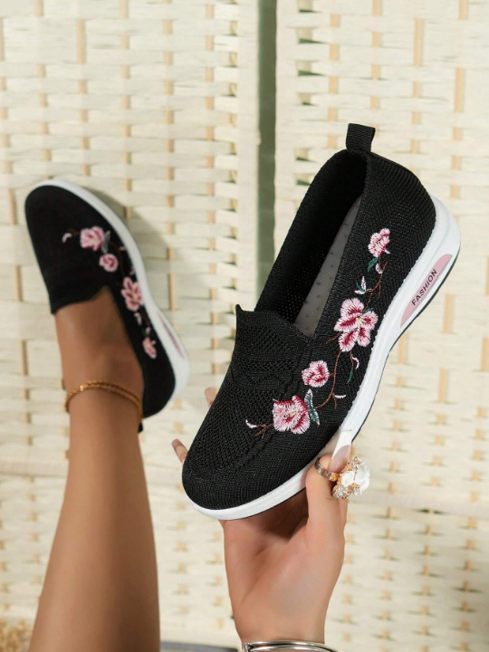 Sporty Sneakers For Women, Floral Embroidered Slip On Rocking Shoes