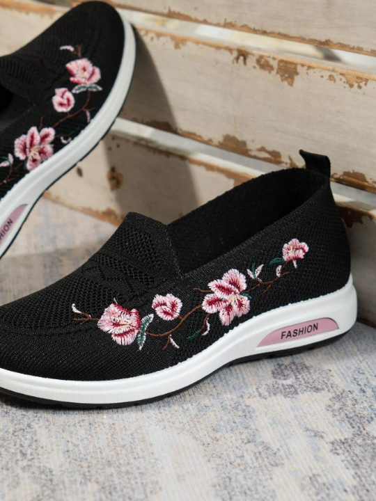 Sporty Sneakers For Women, Floral Embroidered Slip On Rocking Shoes