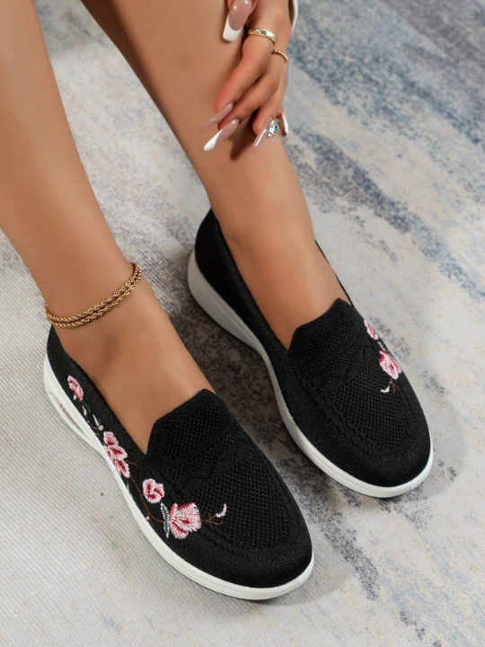 Sporty Sneakers For Women, Floral Embroidered Slip On Rocking Shoes