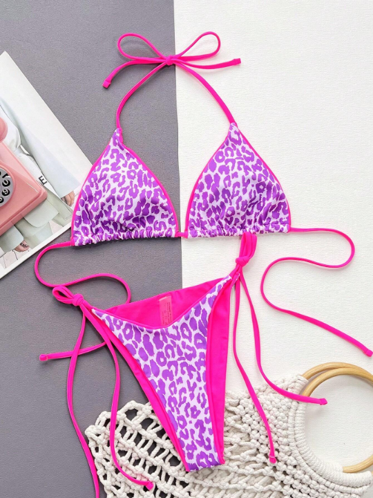 Leopard Halter Triangle Tie Side Bikini Swimsuit