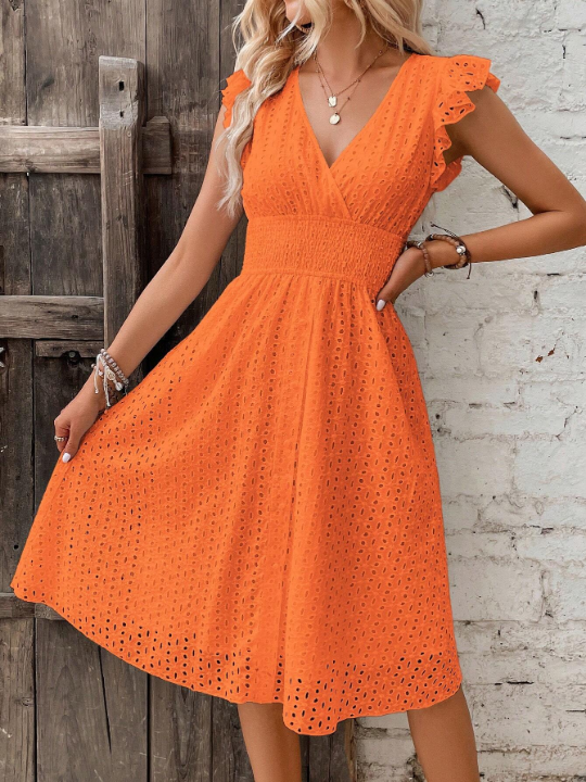 VCAY Eyelet Embroidery Ruffle Trim Dress