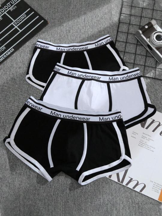 Men 3pcs Letter Graphic Contrast Binding Boxer Brief