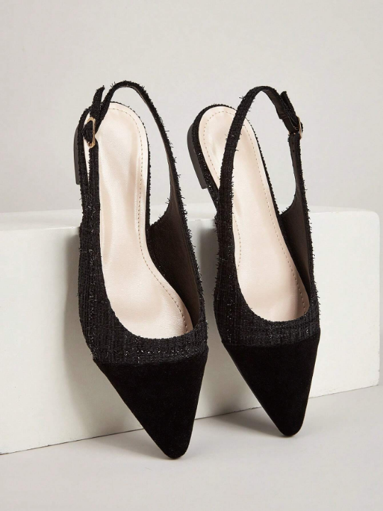 Women Minimalist Point Toe Flats, Elegant Black Tweed Slingback Flats