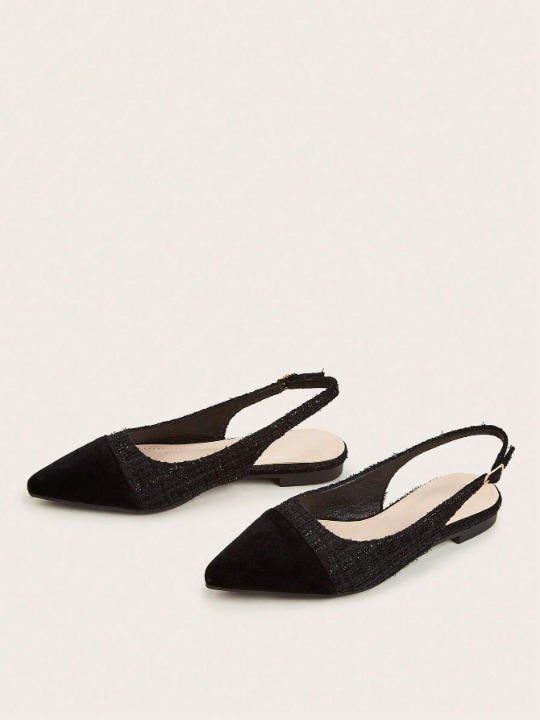 Women Minimalist Point Toe Flats, Elegant Black Tweed Slingback Flats