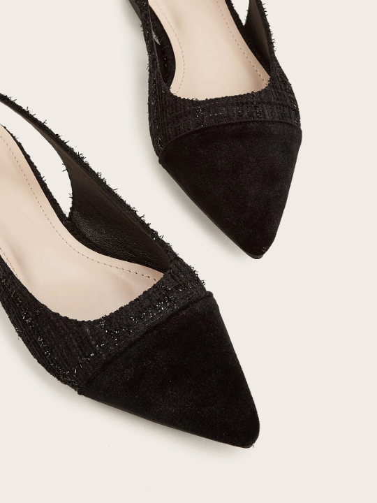 Women Minimalist Point Toe Flats, Elegant Black Tweed Slingback Flats