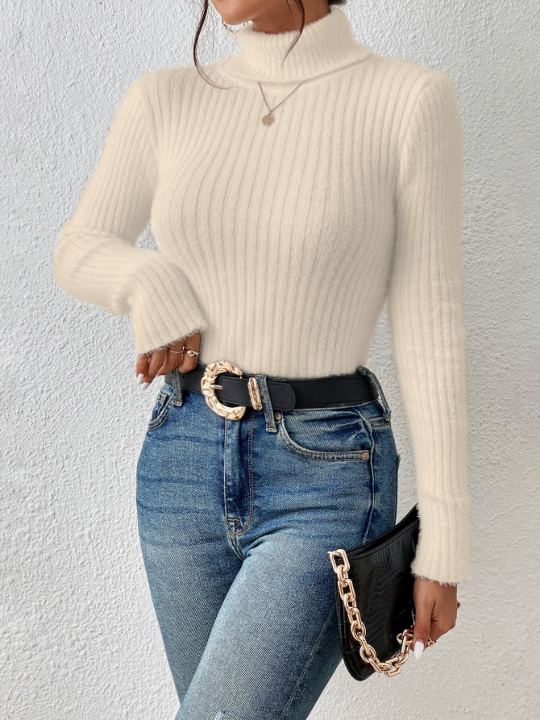 Frenchy Textured Fabric Turtleneck Ribbed Knit Sweater