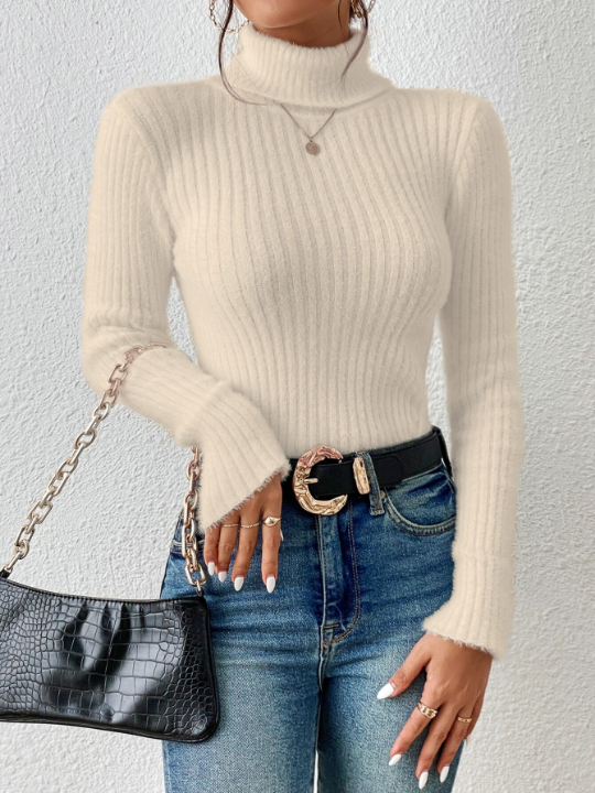 Frenchy Textured Fabric Turtleneck Ribbed Knit Sweater