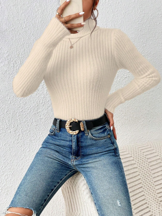 Frenchy Textured Fabric Turtleneck Ribbed Knit Sweater