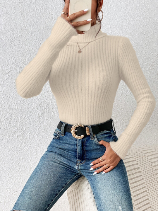 Frenchy Textured Fabric Turtleneck Ribbed Knit Sweater