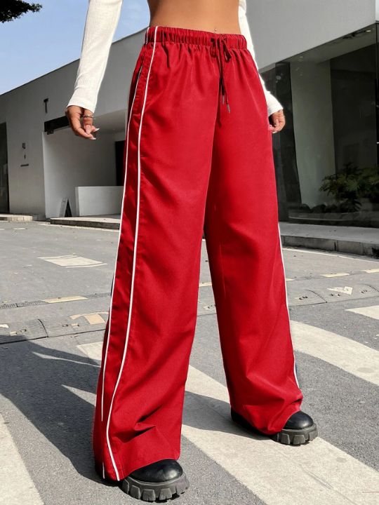 EZwear Contrast Piping Drawstring Waist Wide Leg Pants