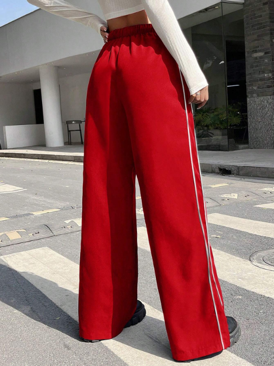 EZwear Contrast Piping Drawstring Waist Wide Leg Pants