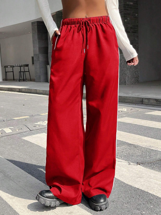 EZwear Contrast Piping Drawstring Waist Wide Leg Pants