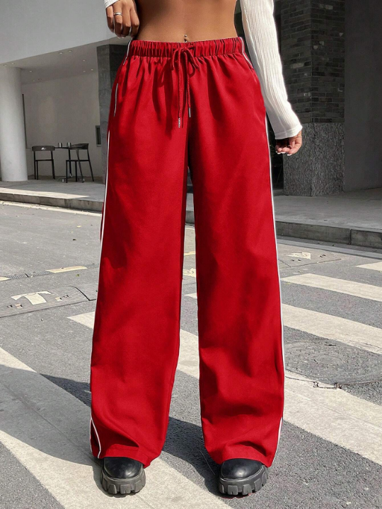 EZwear Contrast Piping Drawstring Waist Wide Leg Pants