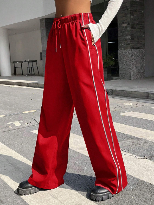 EZwear Contrast Piping Drawstring Waist Wide Leg Pants