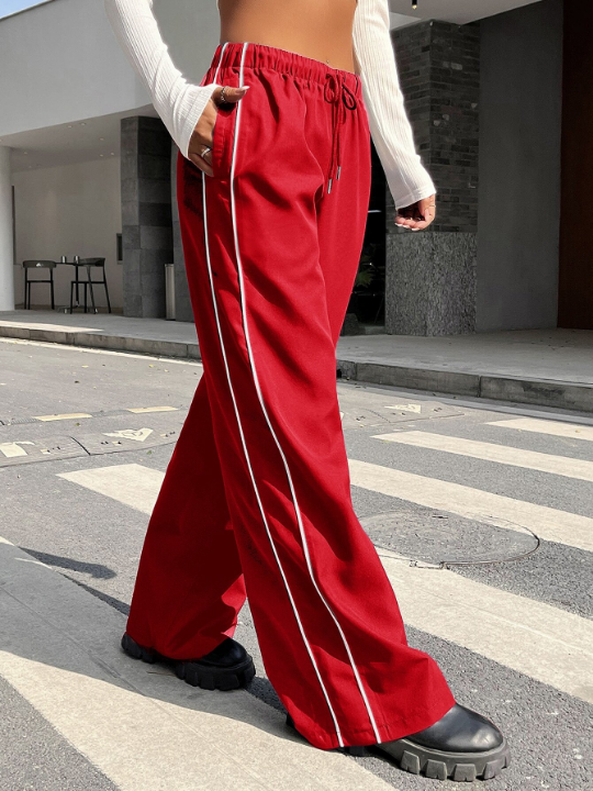 EZwear Contrast Piping Drawstring Waist Wide Leg Pants