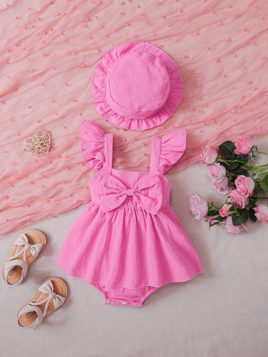 Baby Girl Ruffle Trim Bow Front Combo Bodysuit Dress With Hat