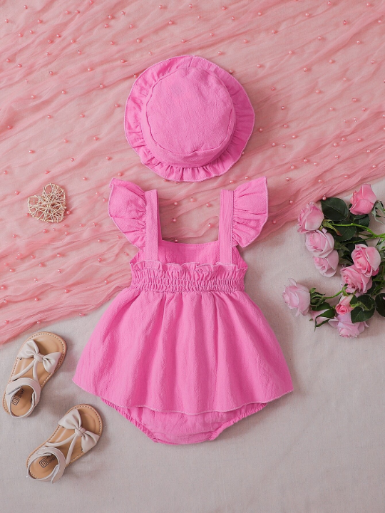 Baby Girl Ruffle Trim Bow Front Combo Bodysuit Dress With Hat