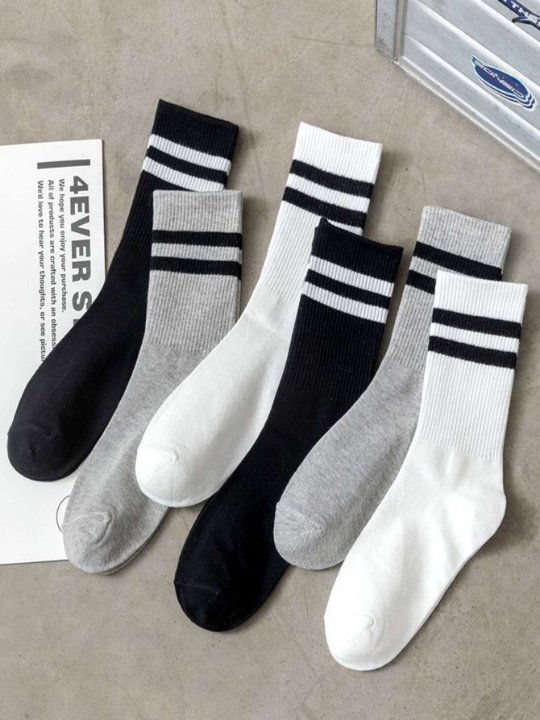 3pairs Women Striped Pattern Casual Crew Socks, For Daily Life