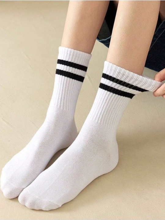 3pairs Women Striped Pattern Casual Crew Socks, For Daily Life