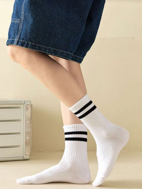 3pairs Women Striped Pattern Casual Crew Socks, For Daily Life