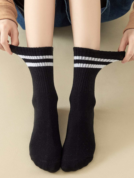 3pairs Women Striped Pattern Casual Crew Socks, For Daily Life