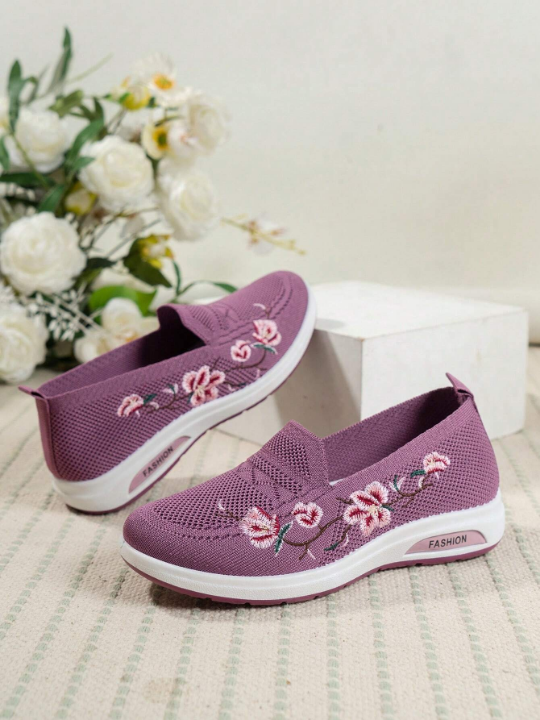 Sporty Slip On Shoes For Women, Floral Pattern Embroidery Detail Sneakers