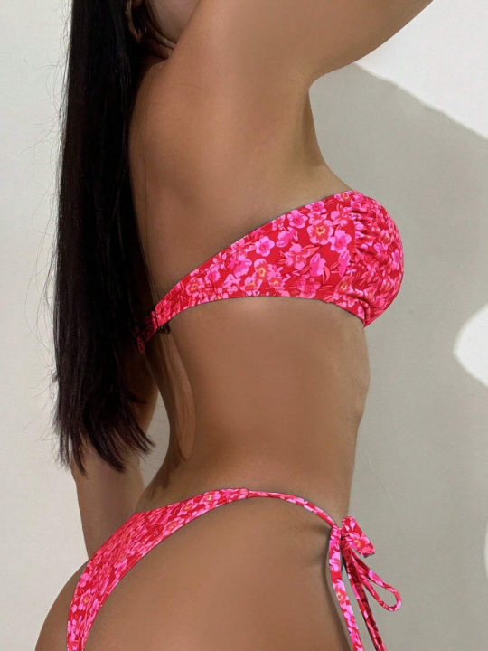 Floral Print Bandeau Tie Side Bikini Swimsuit