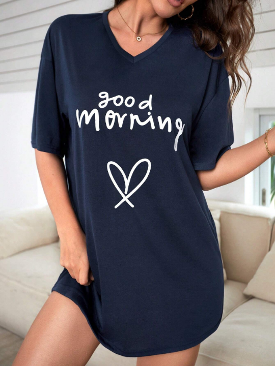 Heart & Slogan Graphic Drop Shoulder Nightdress