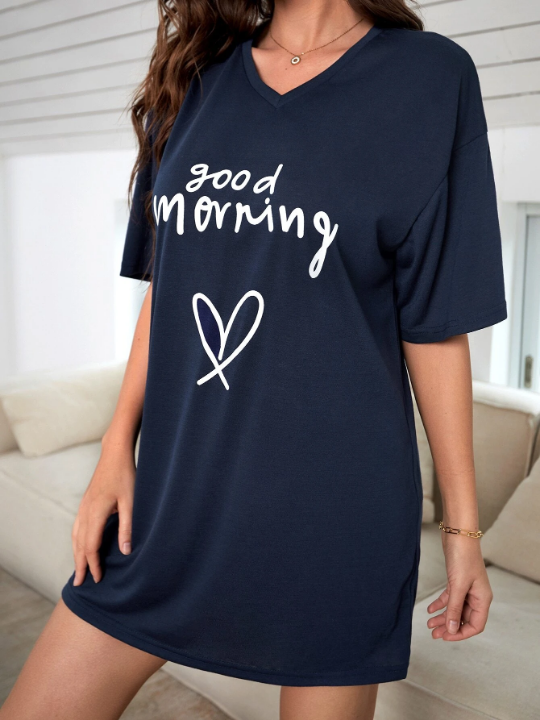 Heart & Slogan Graphic Drop Shoulder Nightdress