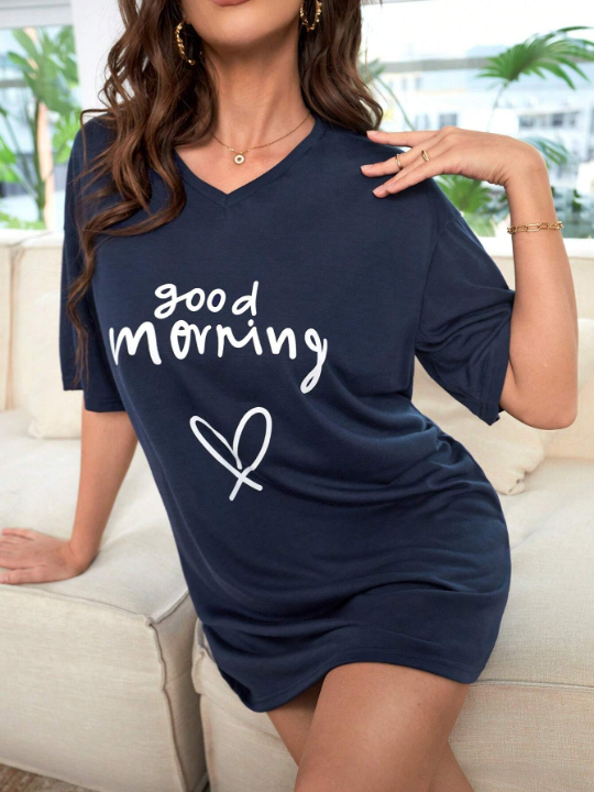 Heart & Slogan Graphic Drop Shoulder Nightdress