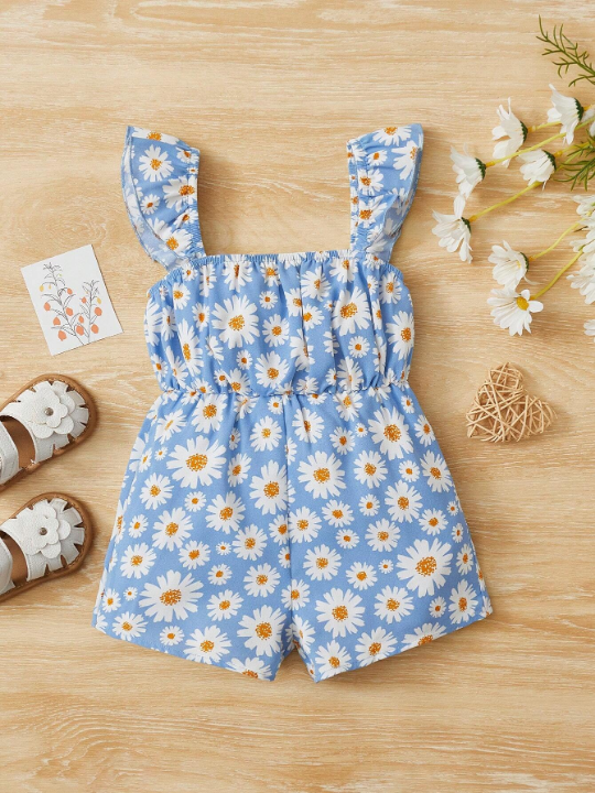 Baby Girl Daisy Floral Print Ruffle Trim Romper