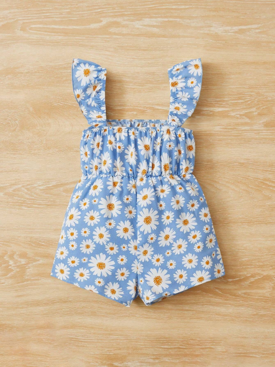 Baby Girl Daisy Floral Print Ruffle Trim Romper