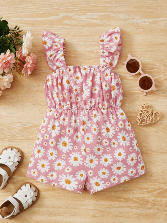 Baby Girls' Chamomile Print Ruffle Hem Romper Shorts Sleepwear, Comfortable, Cute And Sweet For Summer