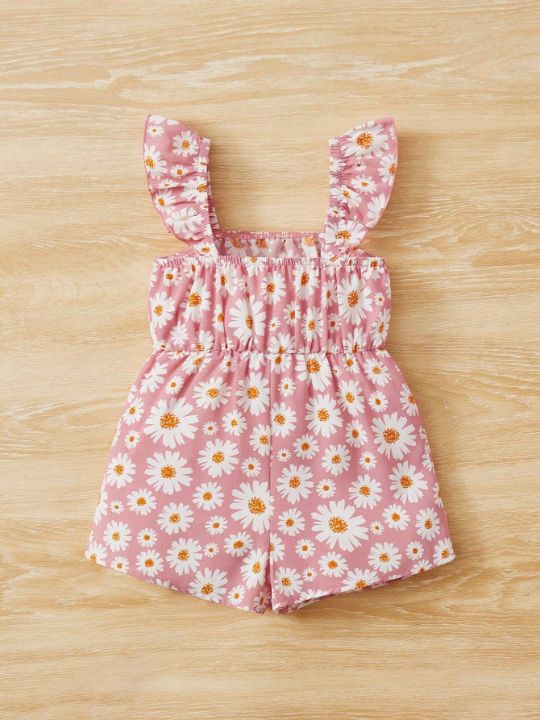 Baby Girls' Chamomile Print Ruffle Hem Romper Shorts Sleepwear, Comfortable, Cute And Sweet For Summer