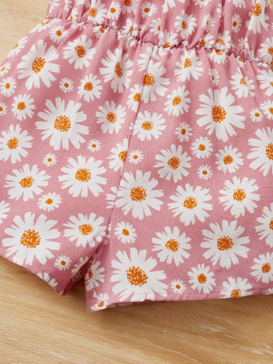 Baby Girls' Chamomile Print Ruffle Hem Romper Shorts Sleepwear, Comfortable, Cute And Sweet For Summer