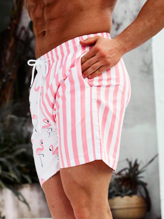 Manfinity Swimmode Men Striped & Flamingo Print Drawstring Waist Swim Trunks