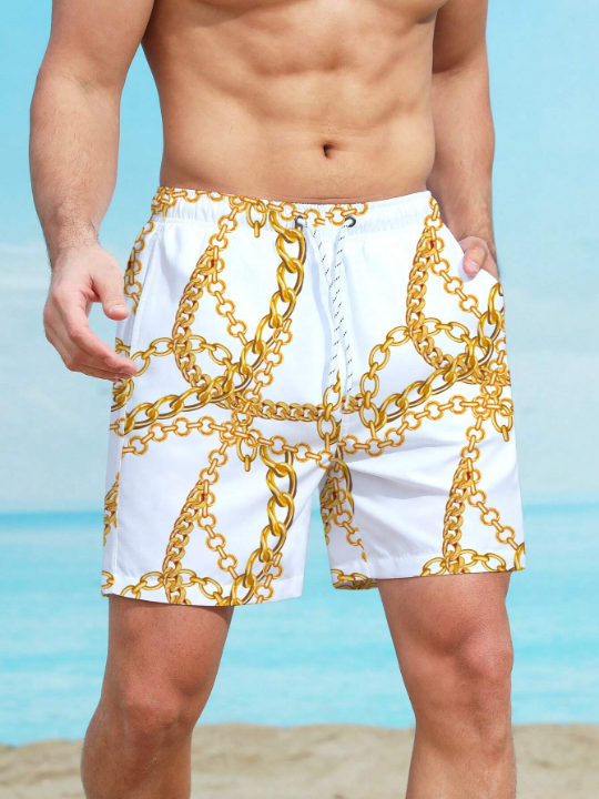 Manfinity Swimmode Men Chain Print Drawstring Waist Swim Trunks