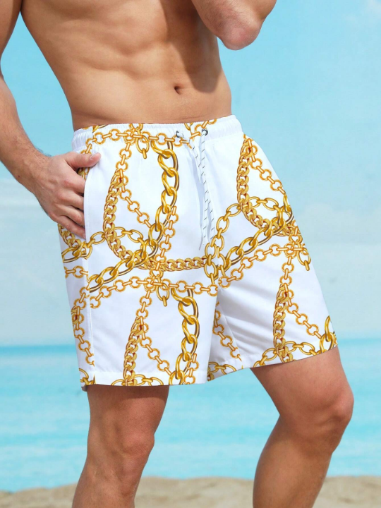 Manfinity Swimmode Men Chain Print Drawstring Waist Swim Trunks